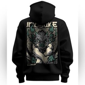 Black Inosuke Unisex Hoodie Anime graphic Demon slayer Cotton Pullover Sweater